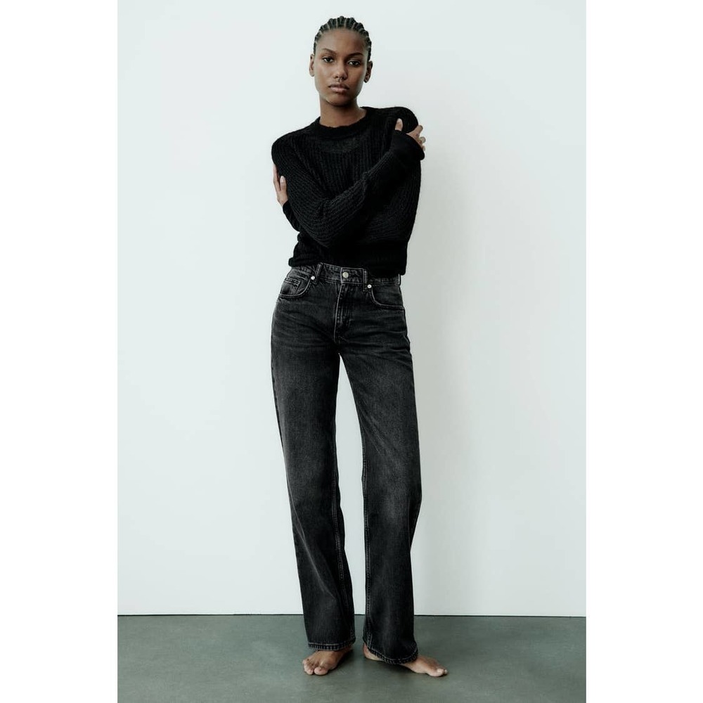 ZARA Full Length High Rise Wide Leg Black Denim Jeans Size 2